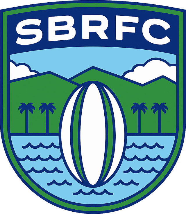 SBRFC shield badge — a rugby ball in front of the Santa Barbara mountains, palm trees, and ocean