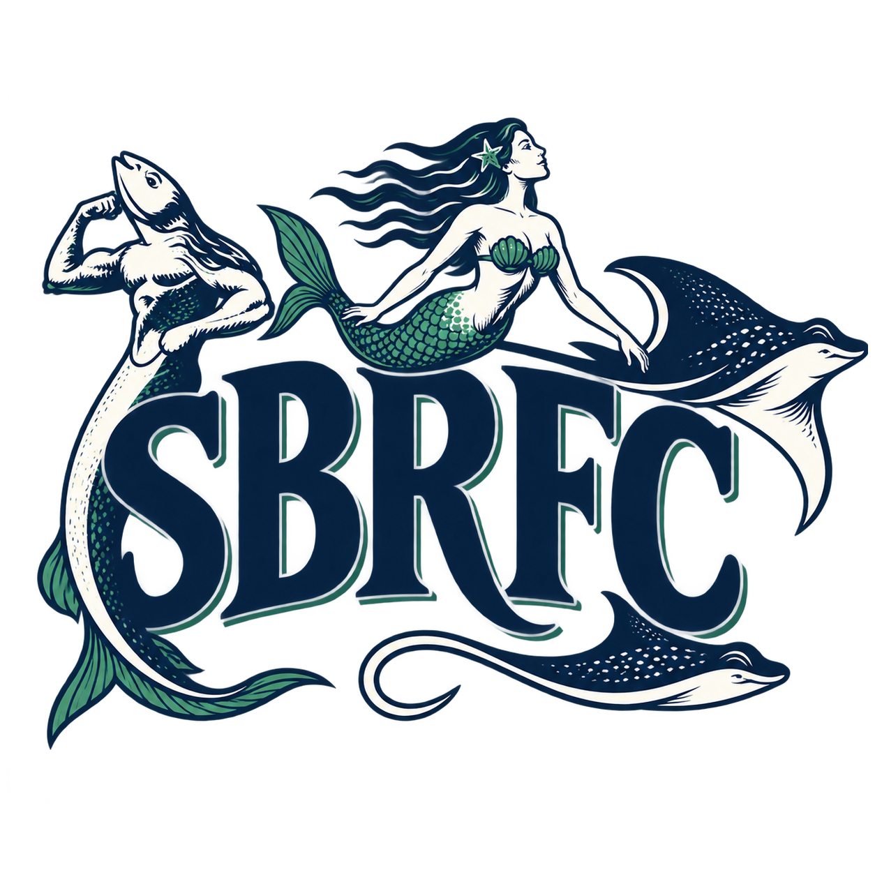 SBRFC logo — a grunion, a mermaid, and stingrays around the letters SBRFC